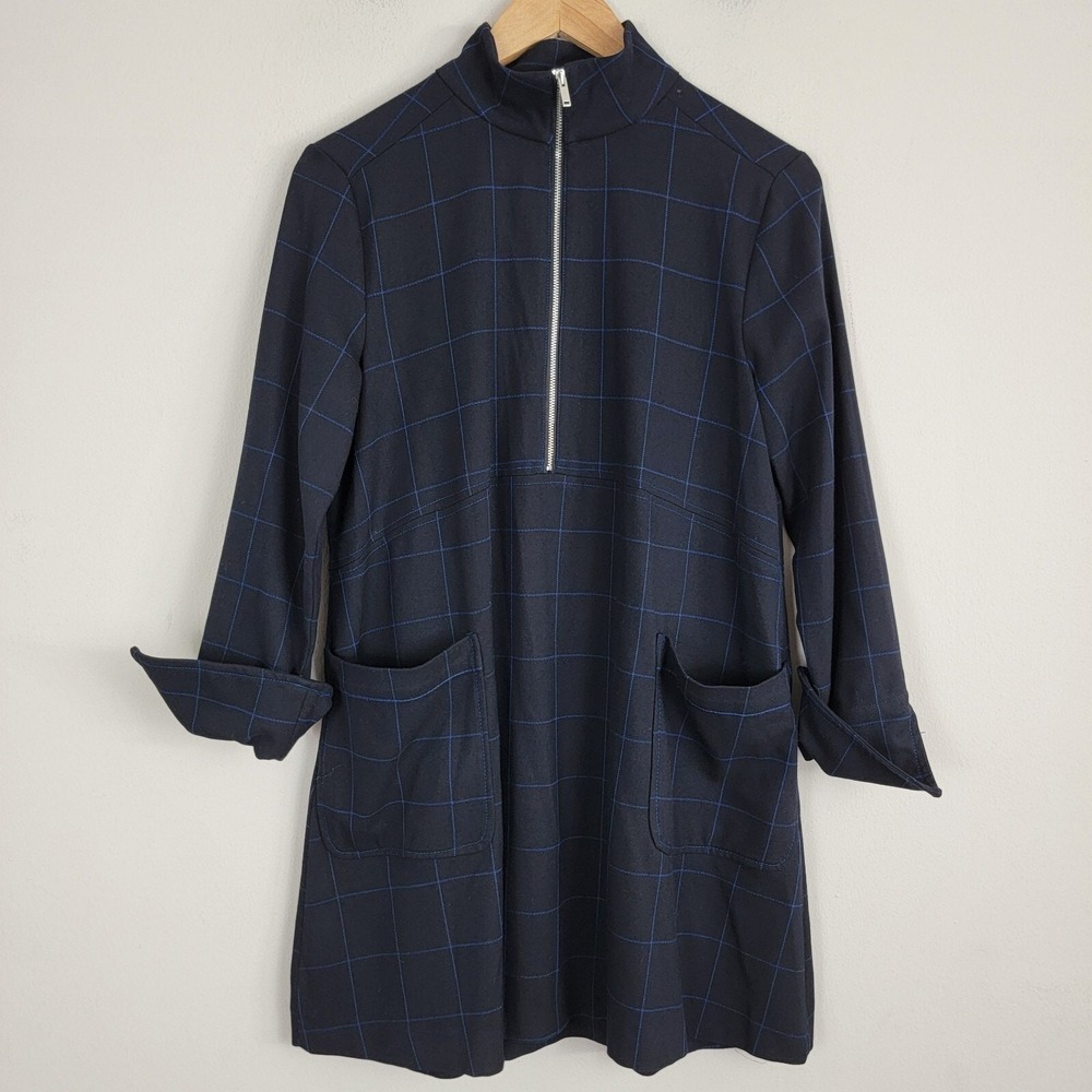 Zara Dress Womens S Black Blue Window Check 1/4 Zip High Neck Curve Sleeve